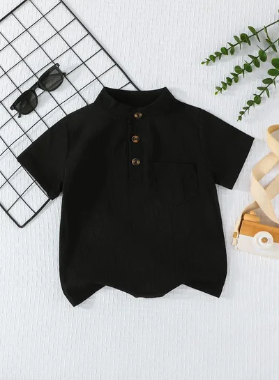 تايك تو قميص رجالي أسود بياقة واقف وأزرار أمامية