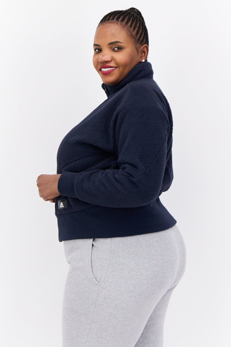 Adidas جاكيت خارجي طويل الأكمام للنساء بمقاسات كبيرة، أزرق داكن - Image 2