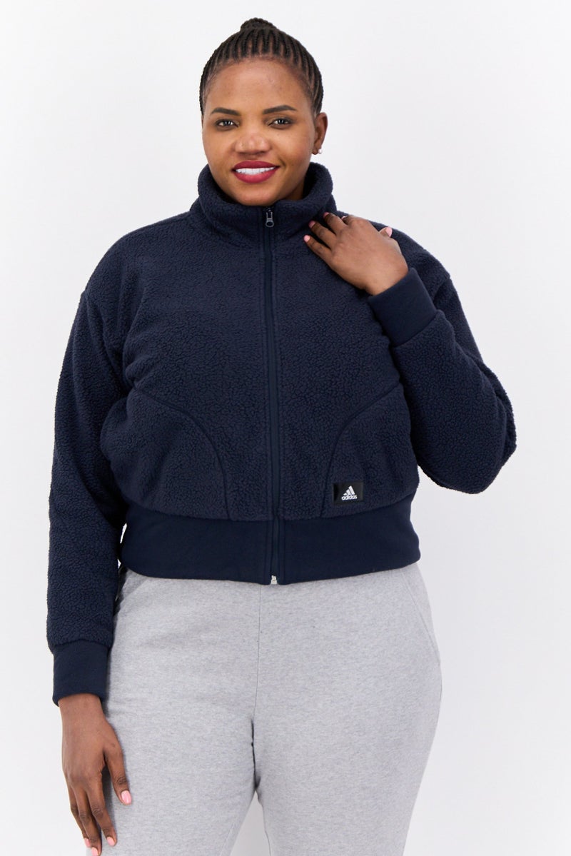 Adidas جاكيت خارجي طويل الأكمام للنساء بمقاسات كبيرة، أزرق داكن - Image 1