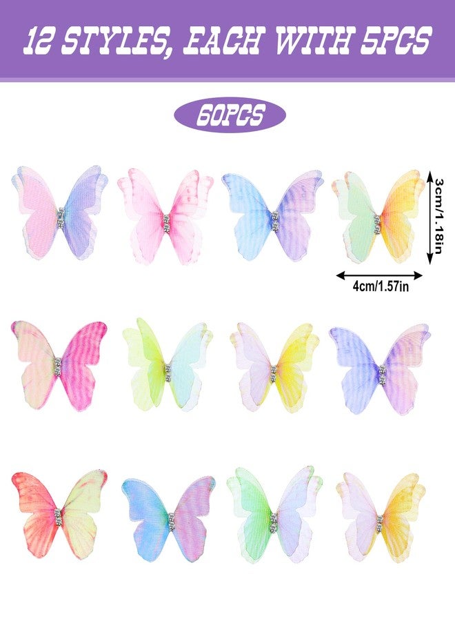 EupHHonycs 60 PCS Organza Butterflies for Crafts, 3D Fabric Butterfly Appliques, 2 Layers Butterfly for Crafts, Rhinestone Glitter Butterfly Embellishments, 3D Butterfly Decorations for Wedding, Party, And Home - Image 2