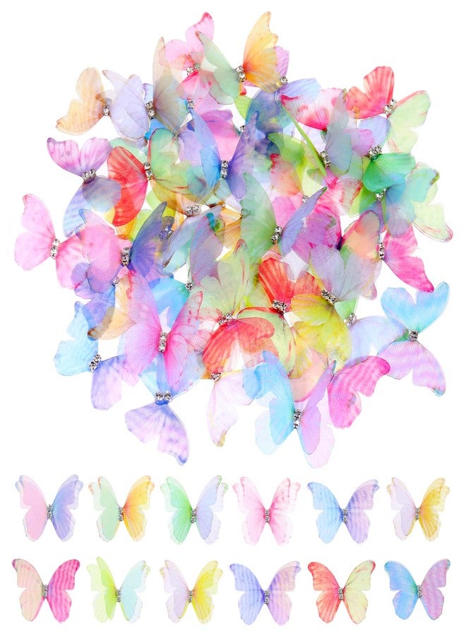 EupHHonycs 60 PCS Organza Butterflies for Crafts, 3D Fabric Butterfly Appliques, 2 Layers Butterfly for Crafts, Rhinestone Glitter Butterfly Embellishments, 3D Butterfly Decorations for Wedding, Party, And Home - Image 1
