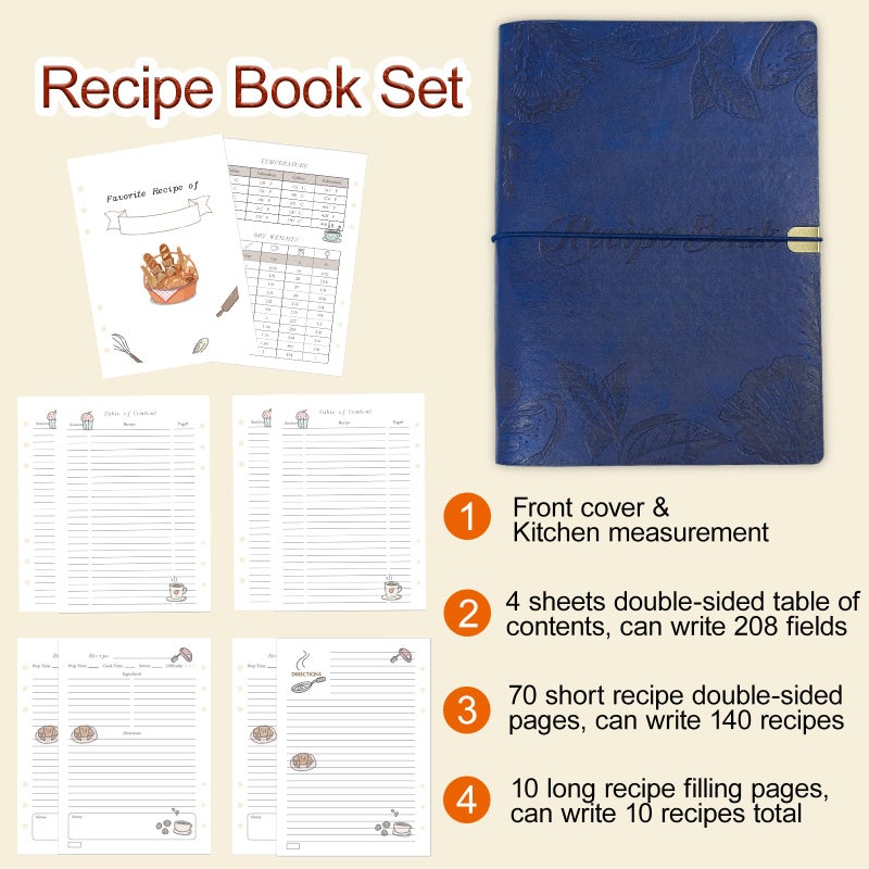 GoShambar Blank Recipe Book To Write In Your Own Recipes, Leather Recipe Notebook, Recipe Journal Hold 150 Recipes(Long Recipes & Short Recipes) (Dark blue) - Image 3