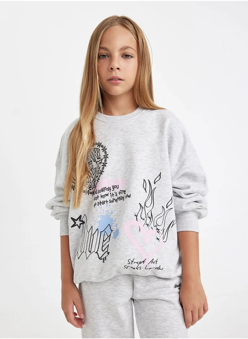 ديفاكتو Grey Oversized Fit Crew Neck Back Printed Sweatshirt