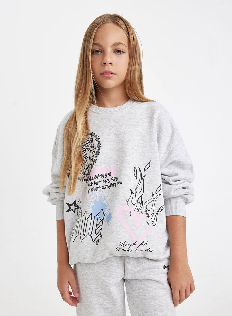 DeFacto Grey Oversized Fit Crew Neck Back Printed Sweatshirt  - Image 1