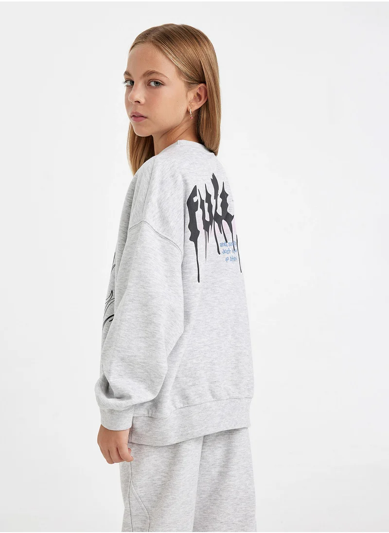 ديفاكتو Grey Oversized Fit Crew Neck Back Printed Sweatshirt