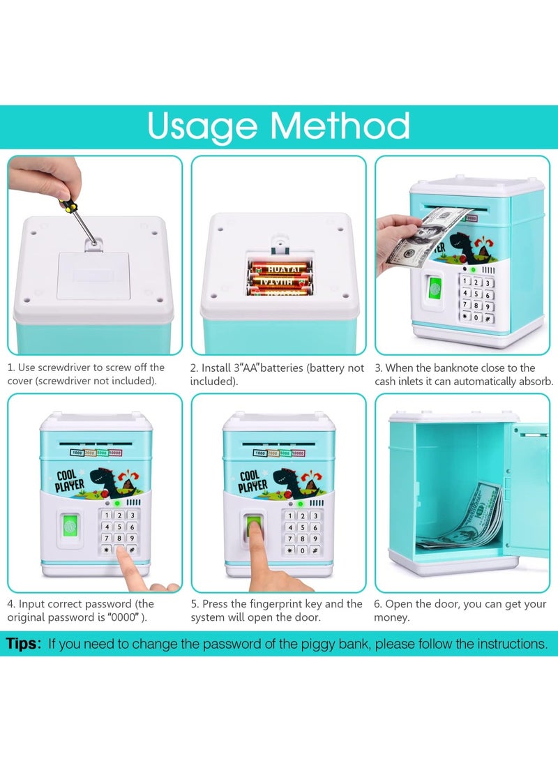 Cartoon-themed electronic money box with password, fingerprint and password money and coin counting machine, automatic scrolling paper money saving box, gift for children (blue) - Image 4