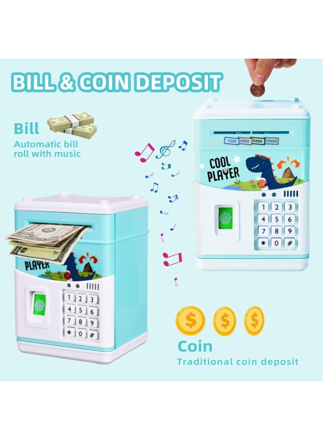 Cartoon-themed electronic money box with password, fingerprint and password money and coin counting machine, automatic scrolling paper money saving box, gift for children (blue) - Image 5