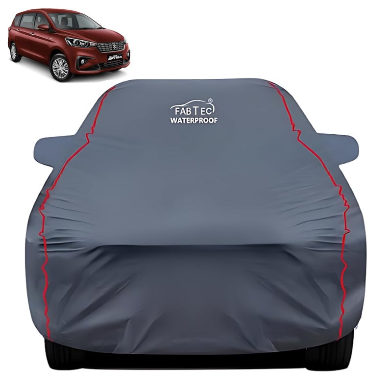 FABTEC Waterproof Premium Car Cover for Maruti Ertiga with Mirror Pocket Super Waterproof Car Body Cover Heavy Duty Durable PEVA Grey with Red Piping - Image 1