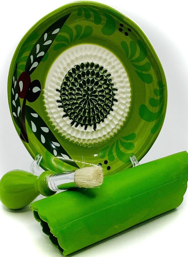 BonCera, All-in-one Premium Ceramic Garlic Grater Plate 4-Piece Set - Vintage Green Olive Design - For Garlic, Ginger, Chocolate, and more! - Comes with 5" Plate, Peeler, Brush, and Stand - Image 1
