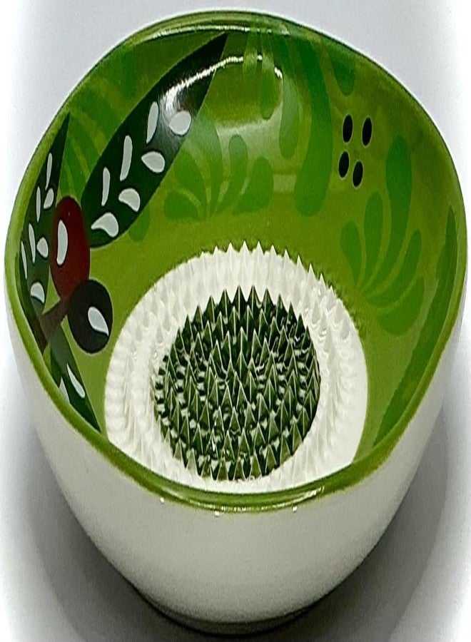 BonCera, All-in-one Premium Ceramic Garlic Grater Plate 4-Piece Set - Vintage Green Olive Design - For Garlic, Ginger, Chocolate, and more! - Comes with 5" Plate, Peeler, Brush, and Stand - Image 4