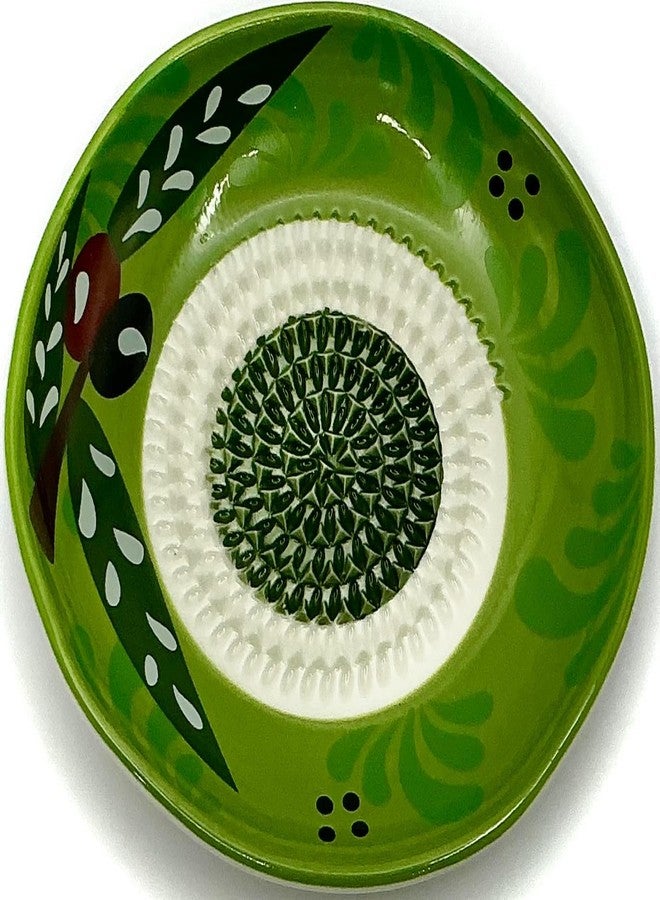 BonCera, All-in-one Premium Ceramic Garlic Grater Plate 4-Piece Set - Vintage Green Olive Design - For Garlic, Ginger, Chocolate, and more! - Comes with 5" Plate, Peeler, Brush, and Stand - Image 2