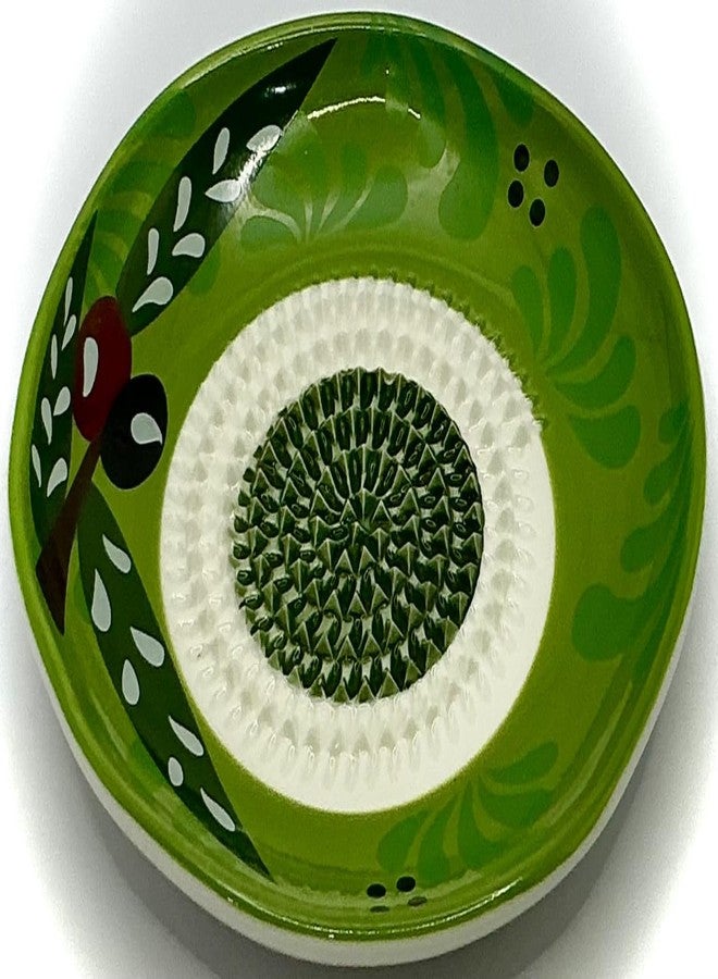 BonCera, All-in-one Premium Ceramic Garlic Grater Plate 4-Piece Set - Vintage Green Olive Design - For Garlic, Ginger, Chocolate, and more! - Comes with 5" Plate, Peeler, Brush, and Stand - Image 3