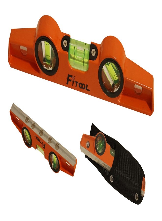 FITOOL Professional Magnetic Scaffolding Spirit Level 10-Inch, Milling V-groove Base with 5 Strong Rare Earth Magnets for Superior Gripping Power, Die Cast Magnetic Torpedo Level 250MM and Holster - Image 1