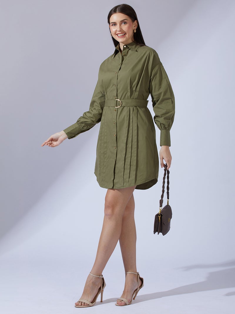 globus Globus Women Olive Collared Neck Cuffed Sleeves Solid Pleated Mini Workwear Shirt Dress With D-Ring Belt - Image 5
