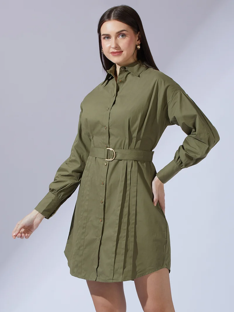 globus Globus Women Olive Collared Neck Cuffed Sleeves Solid Pleated Mini Workwear Shirt Dress With D-Ring Belt