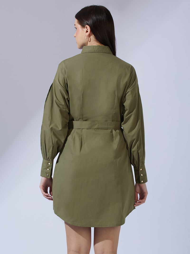 globus Globus Women Olive Collared Neck Cuffed Sleeves Solid Pleated Mini Workwear Shirt Dress With D-Ring Belt - Image 3