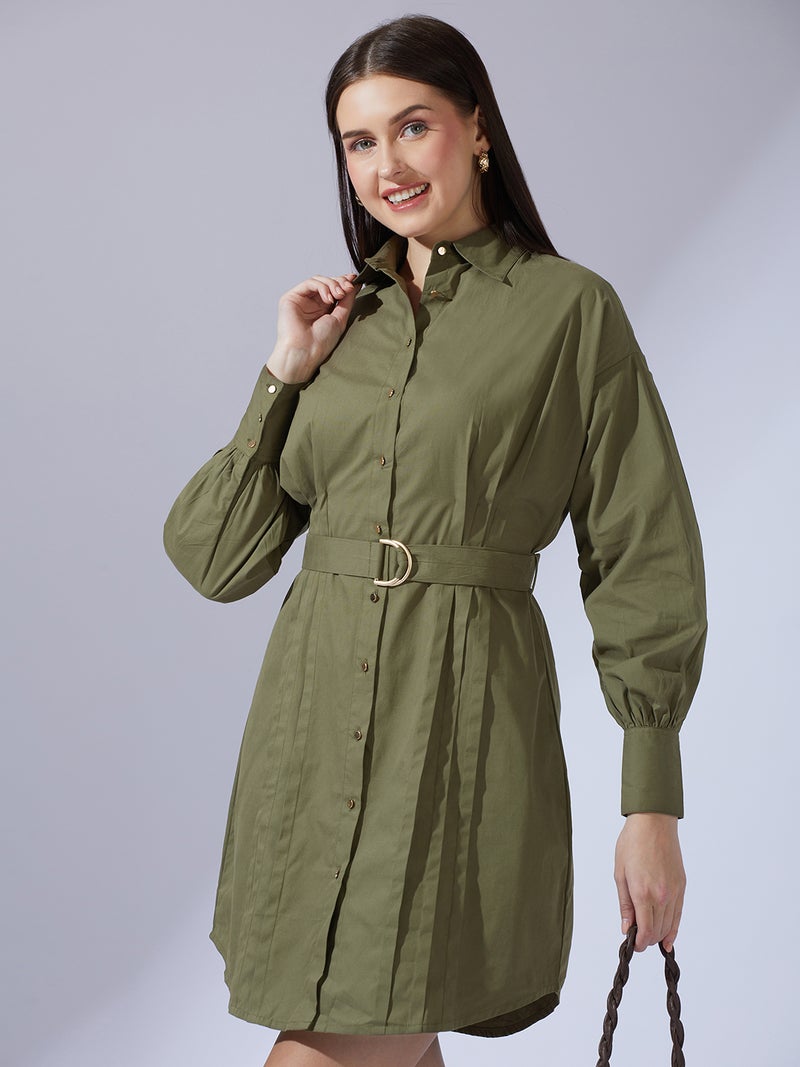 globus Globus Women Olive Collared Neck Cuffed Sleeves Solid Pleated Mini Workwear Shirt Dress With D-Ring Belt - Image 1