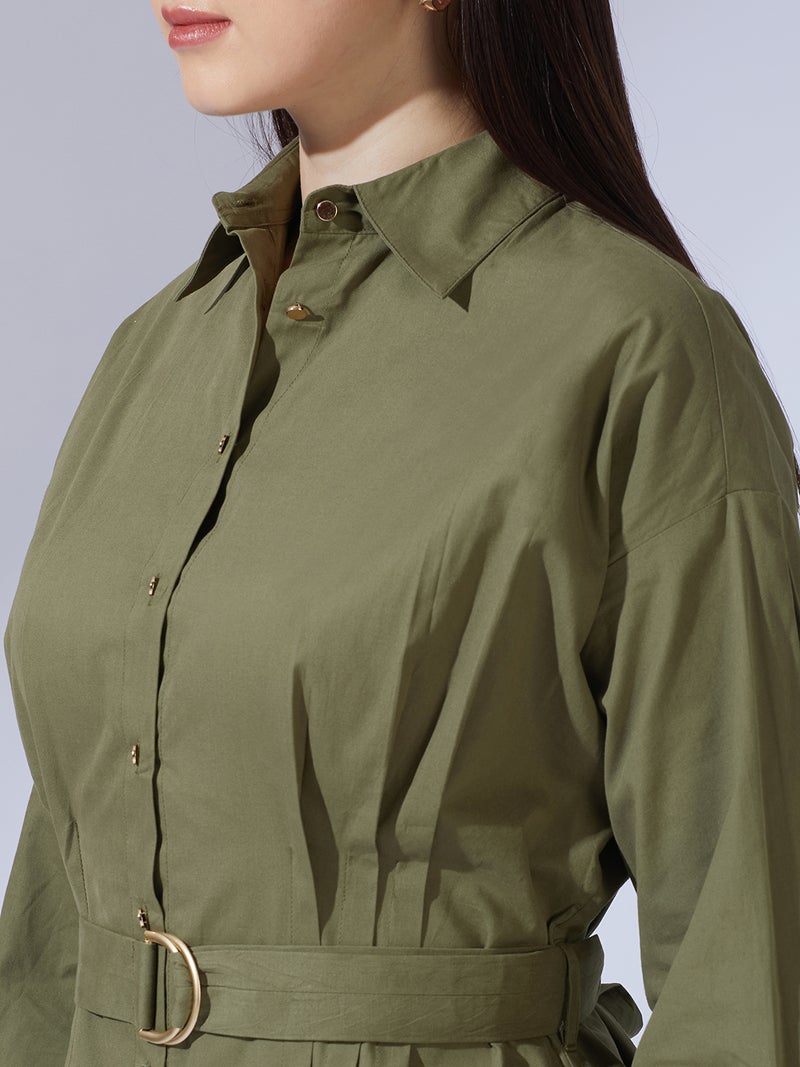 globus Globus Women Olive Collared Neck Cuffed Sleeves Solid Pleated Mini Workwear Shirt Dress With D-Ring Belt - Image 4