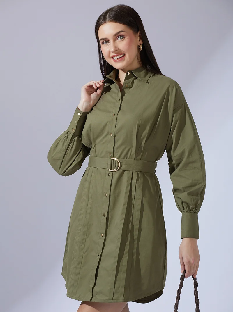 جلو باص فستان قميص نسائي قصير بياقة زيتونية وأكمام مكبلة وخصر بحزام -