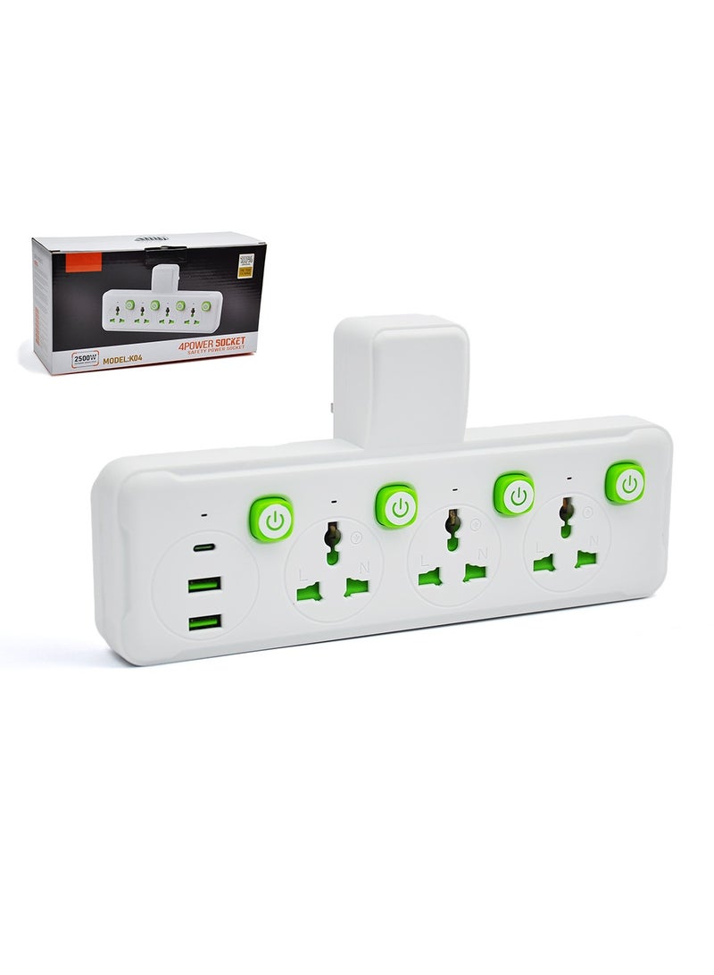 سكاي فيو موسع منفذ حائط متعدد المقابس، 2500 وات، موسع منفذ كهربائي ثلاثي الاتجاهات مع منفذين USB ومنفذ واحد من النوع C، محول قابس عالمي، محطة شحن للمنزل والمكتب والمطبخ، يتم تبديله بشكل فردي - Image 1