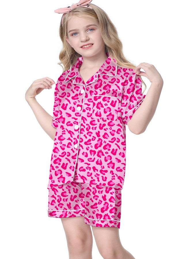 Umeyda Women & Girls Pajamas Set, Soft Satin Lightweight Silk Button-Down Top with Shorts 2 Piece PJS for Mom Boys Kids Gifts, Bright Rose Leopard, 7-8 years - Image 2