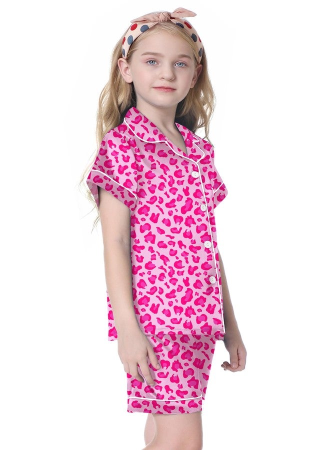 Umeyda Women & Girls Pajamas Set, Soft Satin Lightweight Silk Button-Down Top with Shorts 2 Piece PJS for Mom Boys Kids Gifts, Bright Rose Leopard, 7-8 years - Image 4