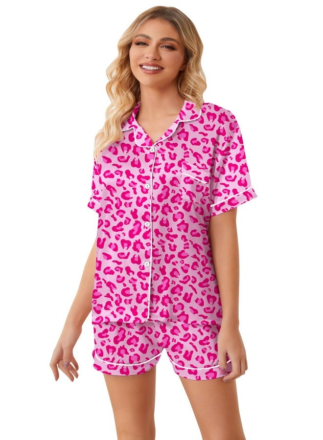 Umeyda Women & Girls Pajamas Set, Soft Satin Lightweight Silk Button-Down Top with Shorts 2 Piece PJS for Mom Boys Kids Gifts, Bright Rose Leopard, 7-8 years - Image 5