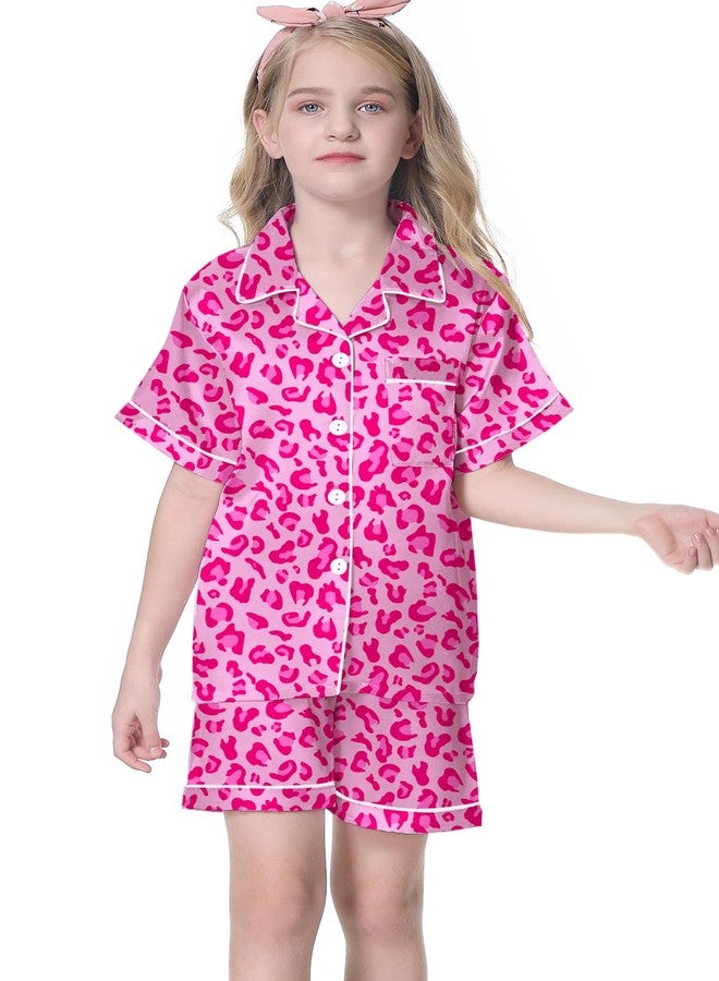 Umeyda Women & Girls Pajamas Set, Soft Satin Lightweight Silk Button-Down Top with Shorts 2 Piece PJS for Mom Boys Kids Gifts, Bright Rose Leopard, 7-8 years - Image 3