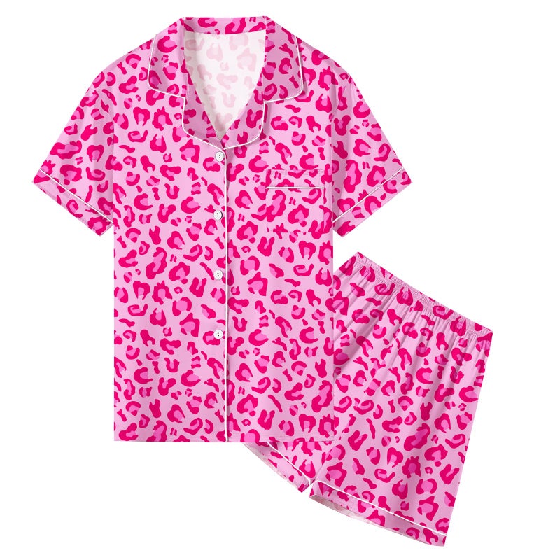 Umeyda Women & Girls Pajamas Set, Soft Satin Lightweight Silk Button-Down Top with Shorts 2 Piece PJS for Mom Boys Kids Gifts, Bright Rose Leopard, 7-8 years - Image 1