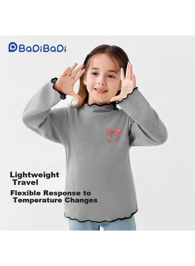 Badibadi Spring And Autumn Baby Girls Long Sleeve T-shirt Base Shirt With Decorative Lace Collar Gray Bowknot Size 140 - Image 2