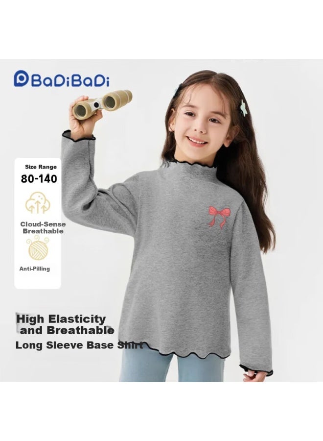 Badibadi Spring And Autumn Baby Girls Long Sleeve T-shirt Base Shirt With Decorative Lace Collar Gray Bowknot Size 140 - Image 1