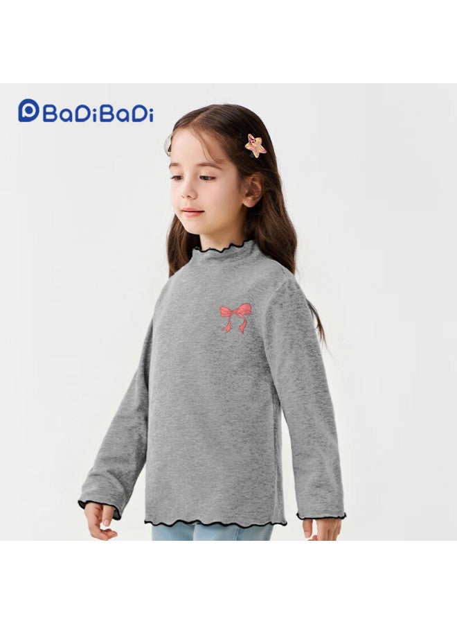 Badibadi Spring And Autumn Baby Girls Long Sleeve T-shirt Base Shirt With Decorative Lace Collar Gray Bowknot Size 140 - Image 3