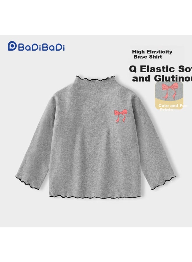 Badibadi Spring And Autumn Baby Girls Long Sleeve T-shirt Base Shirt With Decorative Lace Collar Gray Bowknot Size 140 - Image 4