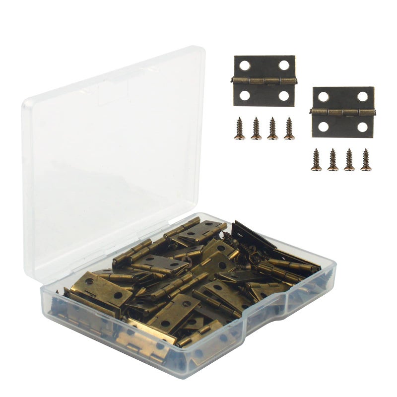 VIPMOON 50Pcs Small Hinges for Wooden Box 18 x 15mm Mini Brown With 200 Screws Retro Jewelry Folding Butt Hardware for DIY Crafts