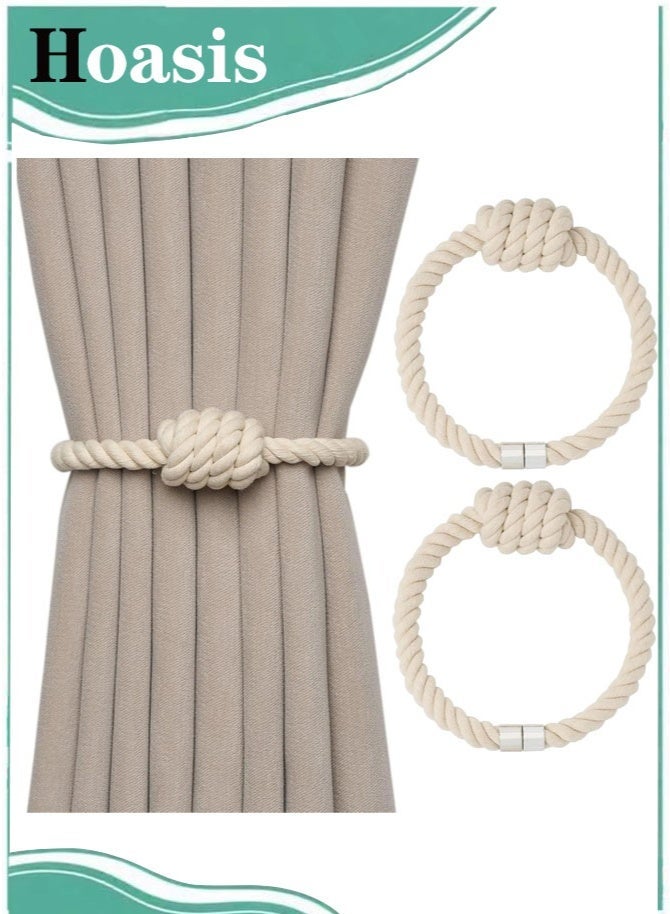 Hoasis 2 Pack Magnetic Curtain Tiebacks, No Drilling Natural Cotton Rope Curtain Holdbacks, Handwoven Boho Drape Tie Backs with Strong Nickel-Plated Magnets, Decorative Curtain Ties for Home Office Living Room Bedroom, Beige, 41.5cm - Image 1