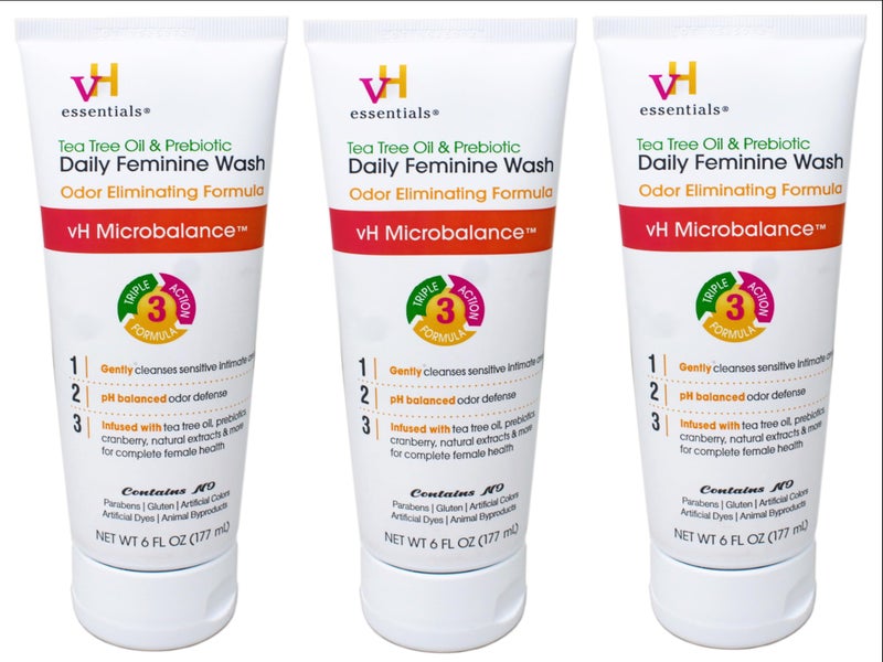 vH essentials Intimate Feminine Wash, pH Balanced with Tea Tree Oil, Cranberry, Prebiotics Odor Eliminating Formula, 6 FL OZ - 3 Pack - Image 1