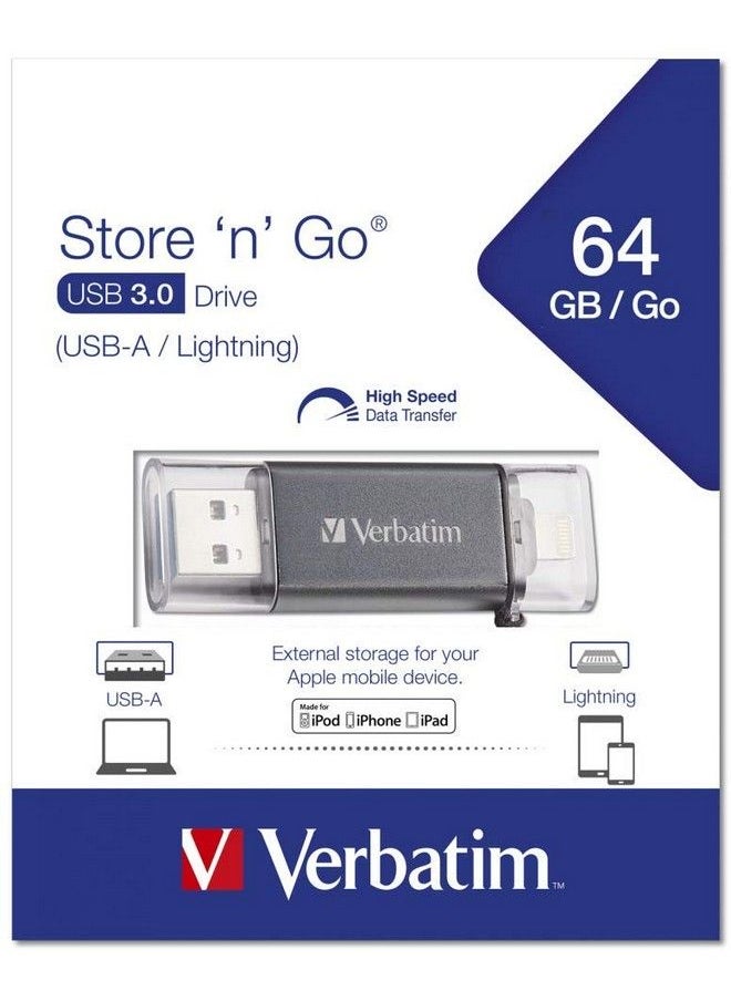 VERBATIM - 64Gb Store ‘N’ Go Dual Usb 3.0 Flash Drive For Apple Lightning Devices Graphite - Image 1