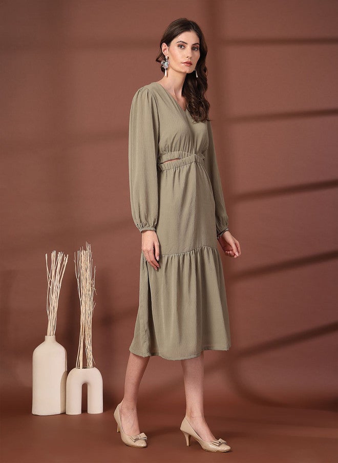 PlusS Olive Green Fit & Flare Midi Dress for Women - Image 3