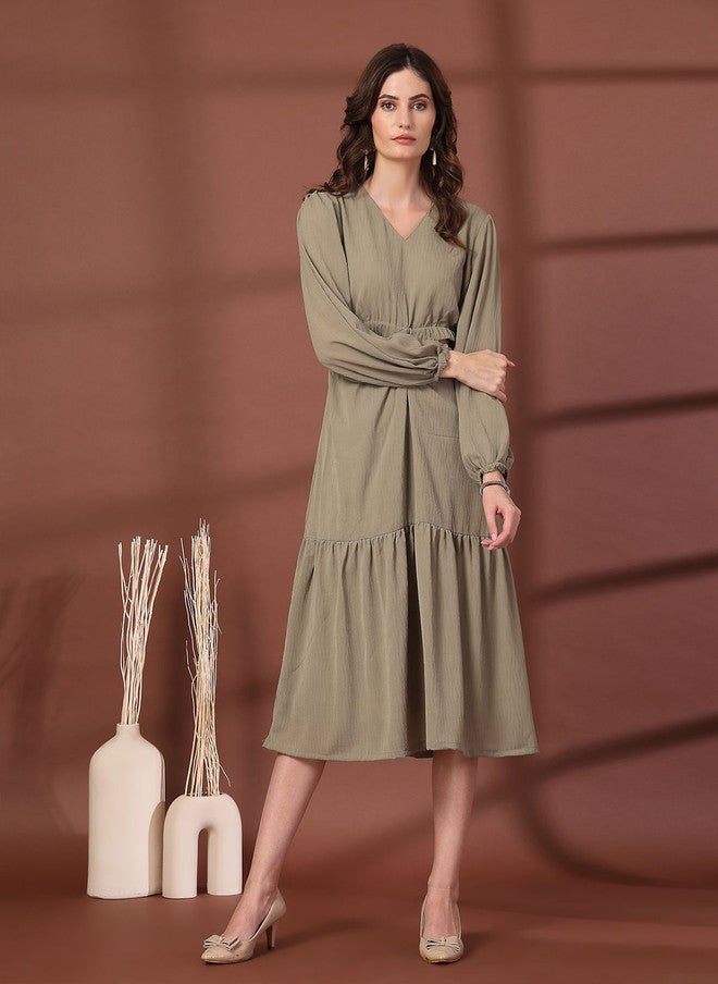 PlusS Olive Green Fit & Flare Midi Dress for Women - Image 1