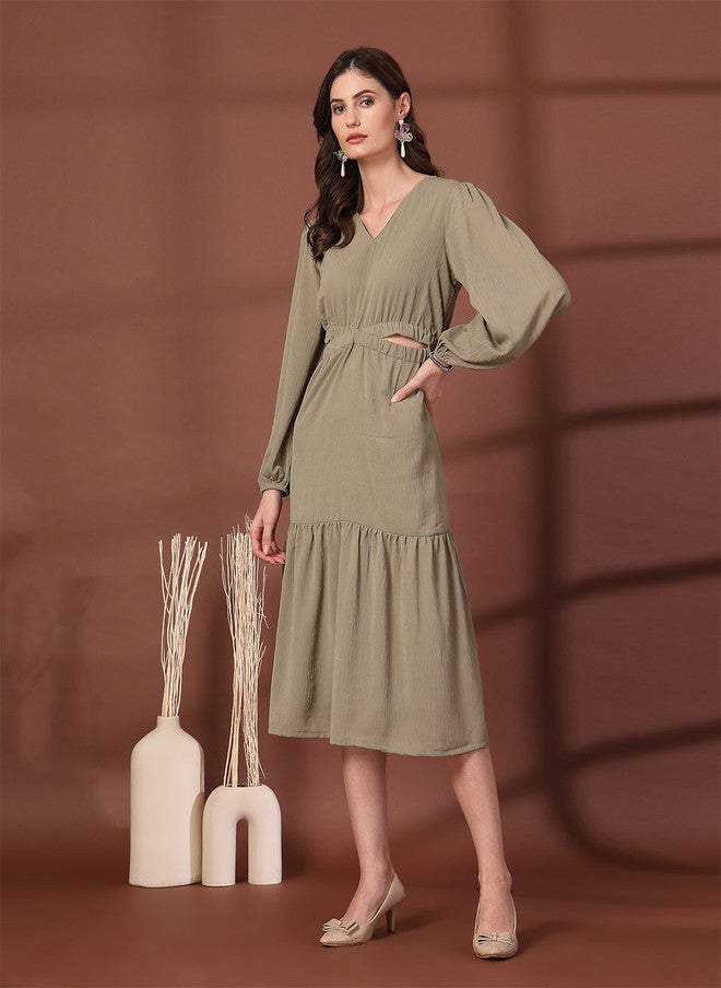 PlusS Olive Green Fit & Flare Midi Dress for Women - Image 4