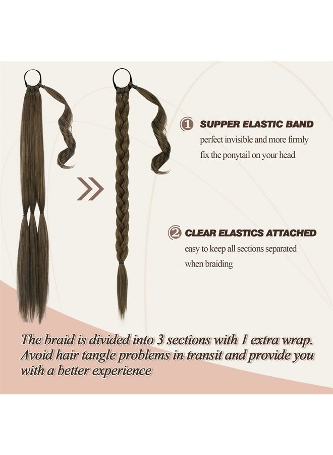 BARSDAR 30 Inch Long Braided Ponytail Extension with Hair Tie Straight Wrap Around Hair Extensions Pony Tail DIY Natural Soft Synthetic Hair Piece for Women Girls-Chestnut Brown mixed Dark Blonde - Image 1