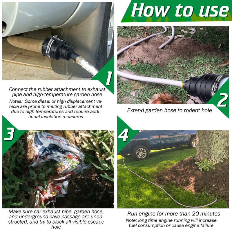 Qualirey 1 Pack Pest Control Exhaust Pipe Attachment Transport Exhaust from Car to Underground for Killing Outdoor Rodents Such as Moles, Gophers (FIT for Pipe in 2"-2.4"/3"-3.5" Diameter) (Black) - Image 5