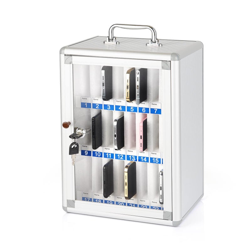 Ozzptuu 24 Slots Aluminum Alloy Pocket Chart Storage Cabinet for Cell PhonesWallMounted with a LockedCan be Carried by Hand 24 Slots