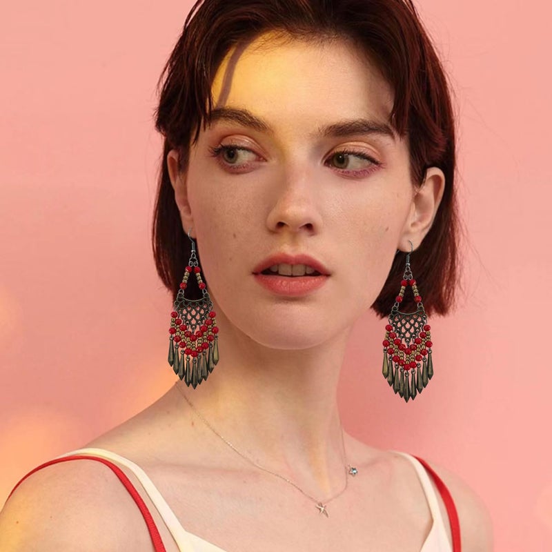 KVANU Handmade Vintage Bronze Bohemian Long Tassel Colorful Bead Dangle Drop Earrings Big Tribal Chandelier Geometry Hook Earrings for Women Statement Jewelry Gifts (Deep Red) - Image 5