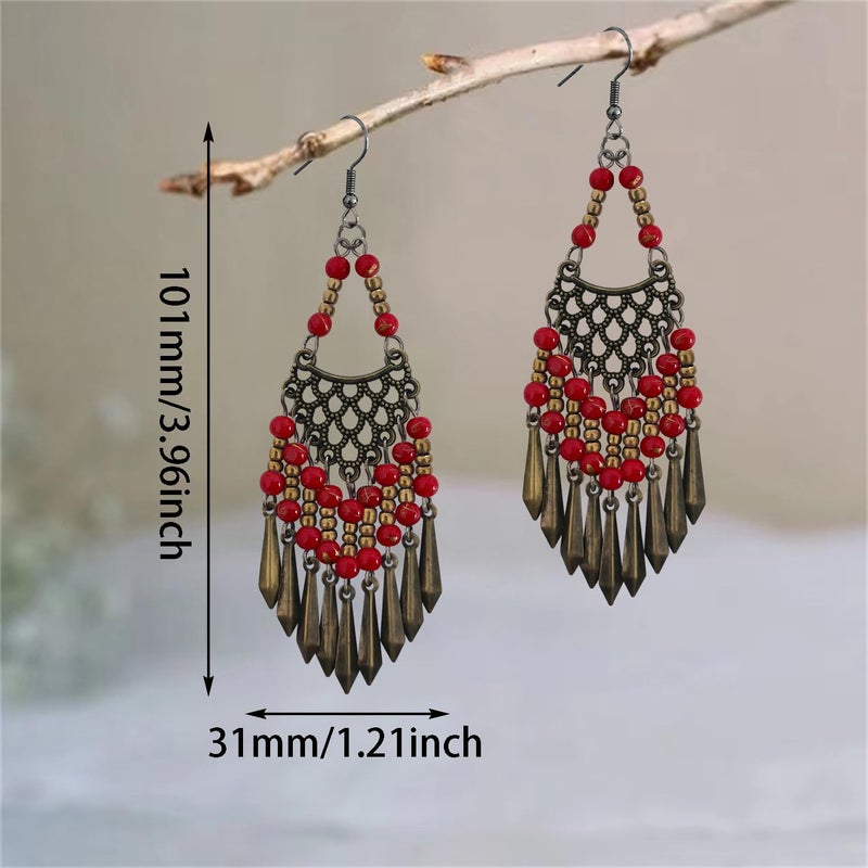KVANU Handmade Vintage Bronze Bohemian Long Tassel Colorful Bead Dangle Drop Earrings Big Tribal Chandelier Geometry Hook Earrings for Women Statement Jewelry Gifts (Deep Red) - Image 2
