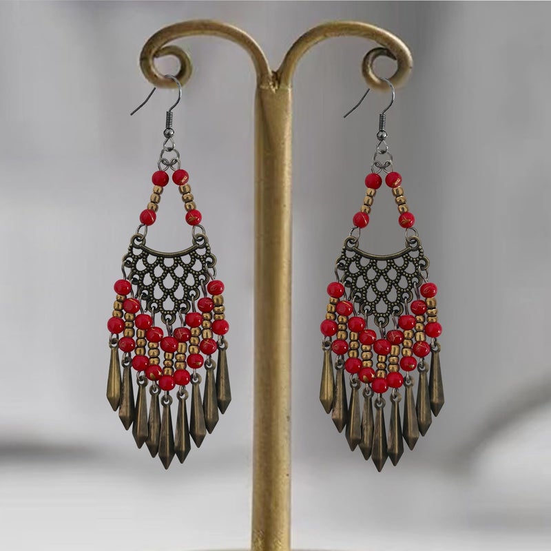 KVANU Handmade Vintage Bronze Bohemian Long Tassel Colorful Bead Dangle Drop Earrings Big Tribal Chandelier Geometry Hook Earrings for Women Statement Jewelry Gifts (Deep Red) - Image 3