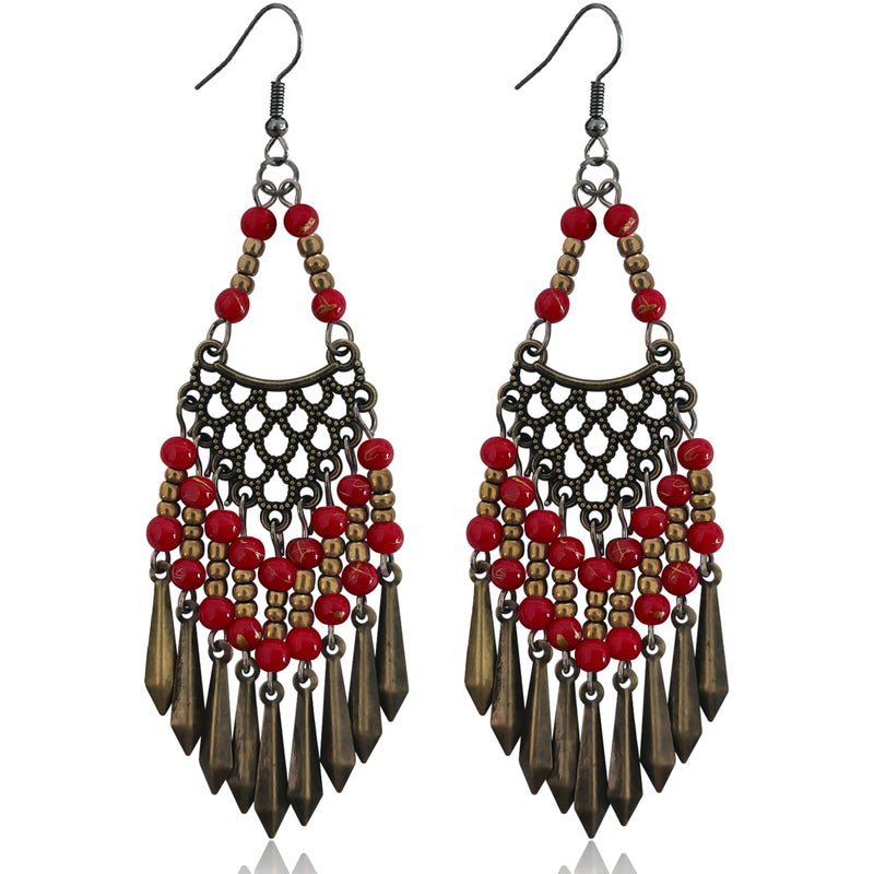KVANU Handmade Vintage Bronze Bohemian Long Tassel Colorful Bead Dangle Drop Earrings Big Tribal Chandelier Geometry Hook Earrings for Women Statement Jewelry Gifts (Deep Red) - Image 1