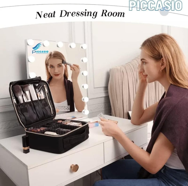 بيكاسيو حقيبة مكياج مقاومة للماء من PICCASIO، منظمة للأدوات الصحية للاستخدام أثناء السفر بالقطار، حقيبة تجميع مستحضرات التجميل على شكل ترابيز مصغرة للنساء والفتيات، منظمة محمولة لأدوات المكياج مع مقبض وفواصل، اللون أسود (22*25*10) - Image 2