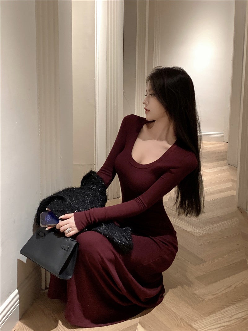 Socialite Yujie Style Super Figure Slim Fit Hip Dress Retro Long Sleeve Dress Spring - Image 3