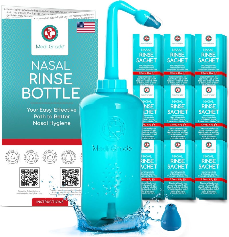 Medi Grade Medi Grade Sinus Rinse Bottle, 500ml with 30 Sinus Rinse Packets - Complete Nasal Irrigation System - Neti Pot Nose Cleaner - Nasal Wash Kit for Home or Travel - 2 Nasal Rinse Tips and Storage Bag